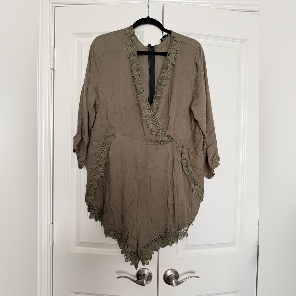 Zenobia Olive Green Lace Trim Romper
